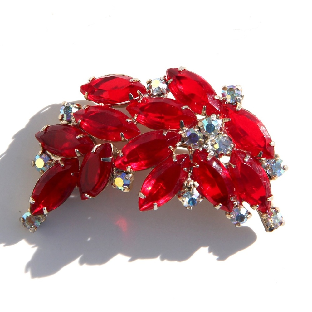 Red Rhinestone Aurora Borealis Brooch
